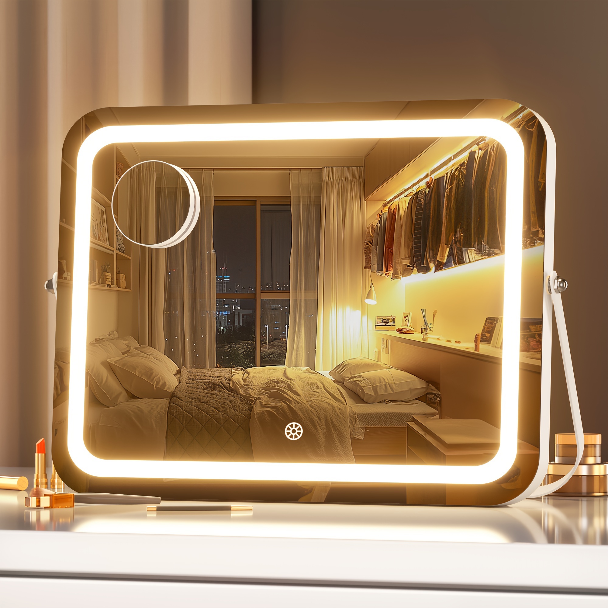 58x45cm Miroir De Maquillage Hollywood Avec 15 LED Lumiu00e8re 3 Modes Ru00e9glable & USB Charge & U00c9cran Tactile & Loupe 10x - Maison