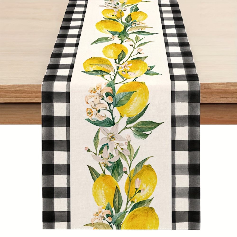 

1pc, Table Runner, Lemon Design Polyester Table Runner, Buffalo Plaid, Fade-resistant, Machine Washable, Seasonal Summer Home Dining Decor For Parties And Gatherings