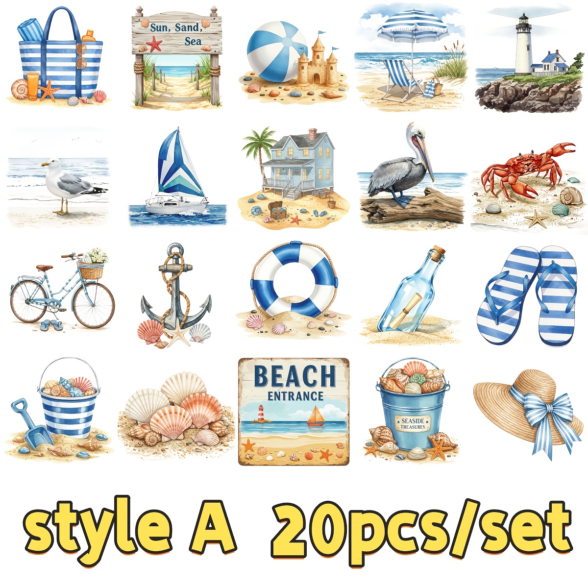 20pcs/set Overseas Beach Sailboat Seashell Series Stickers
