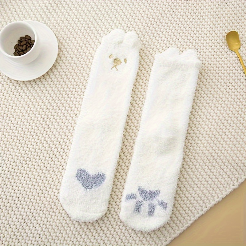 

Cozy Coral Fleece Socks For Women - 1 Pair, White Embroidered Cartoon Design With Cute Ears, & Socks