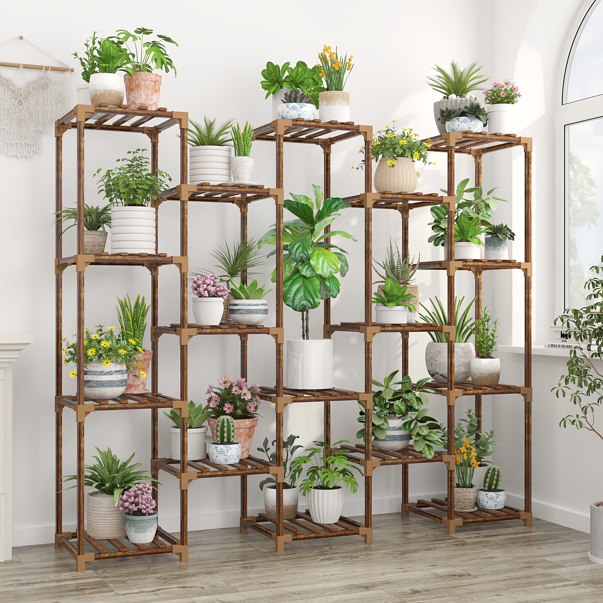 17段ヴィンテージ木製バルコニーフラワースタンド 室内＆屋外用植物棚