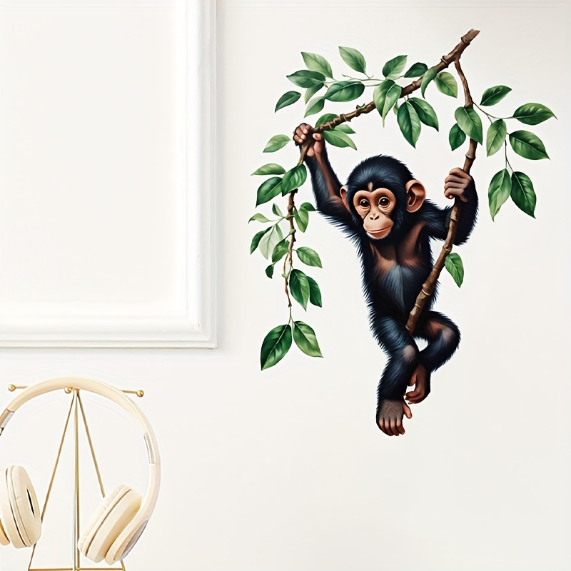 Image of Creative Cartoon Gorilla Leaves Realistic Wall Stickers, Decorate Living Room Porch Bedroom Self-adhesive Painting, Removable Pvc Wall Stickers