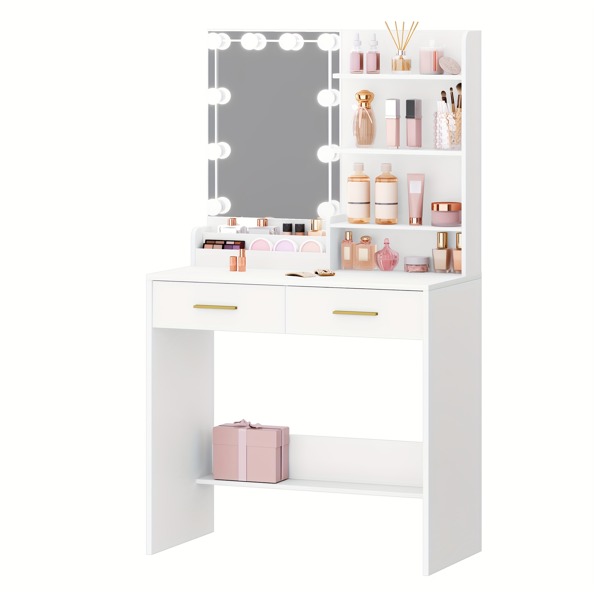 Dressing Table With Mirror And 10 Led Lights, Dressing Table With 3 Shelves & 4 Open Compartments, Dressing Table With Large Drawer & Cabinet, 3 Adjustable Lighting Brightness, White