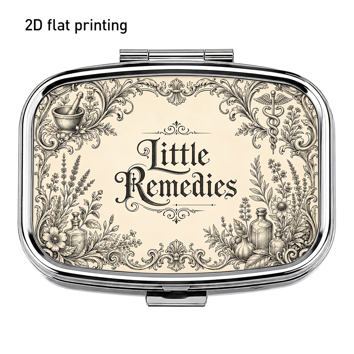 TEMU 1pc, 2d Flat Printing, Bottle And Exquisite Plant Floral Frame Pattern Square Metal Pill Box, Classical Style, 2-compartment Portable Case, Pill