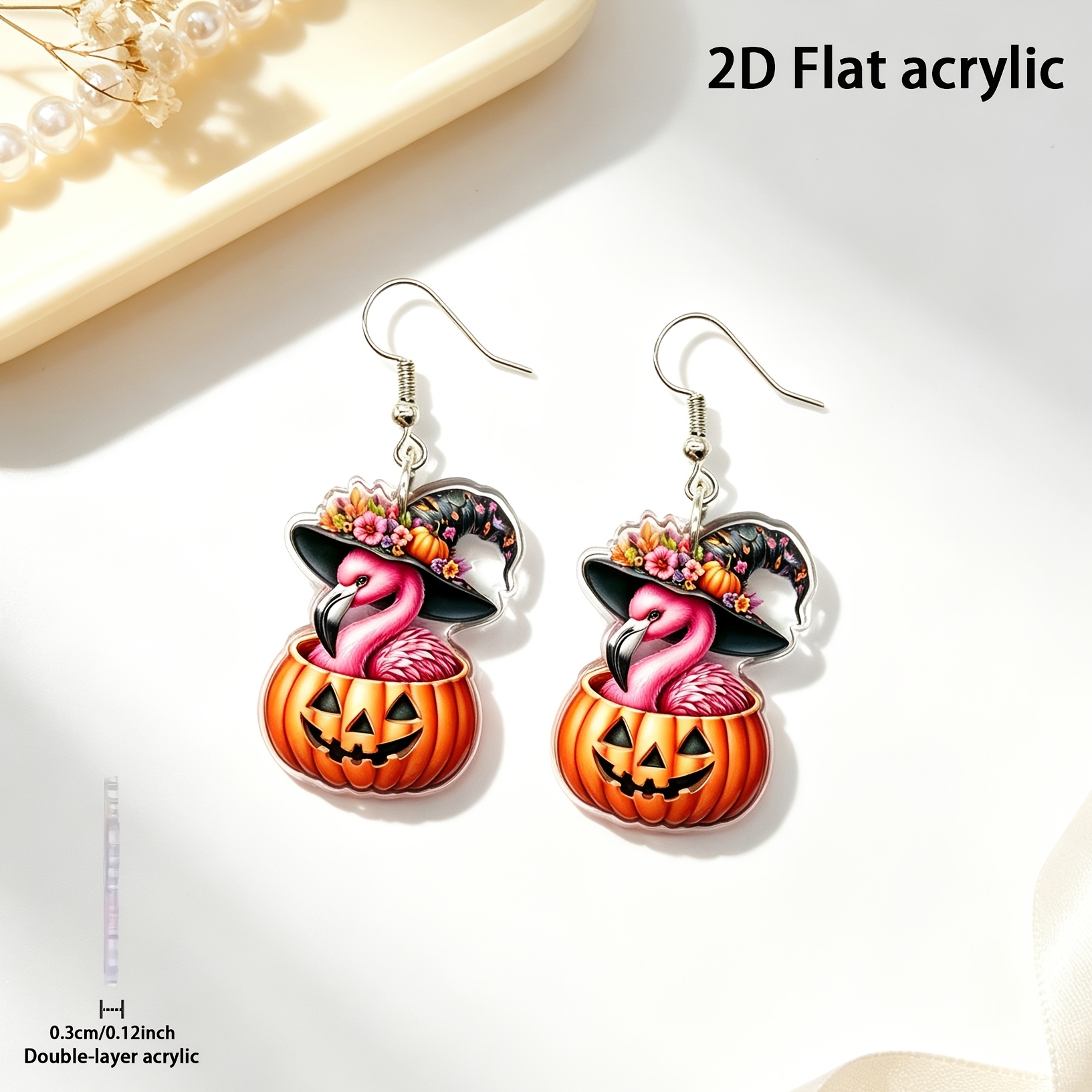 2D Flat Flamingo & Jack-o'-lantern Dangle Earrings, Retro Hippie Style