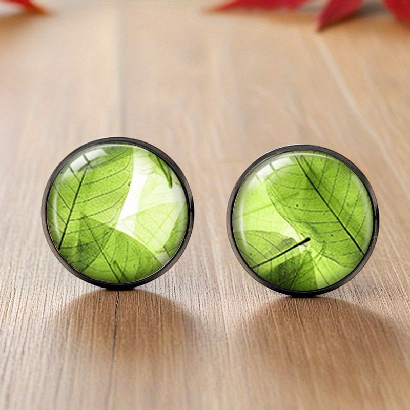 1 Pair Of Leaf Vein Studs, Round Glass Ear Studs, Handmade Jewelry, Without Battery