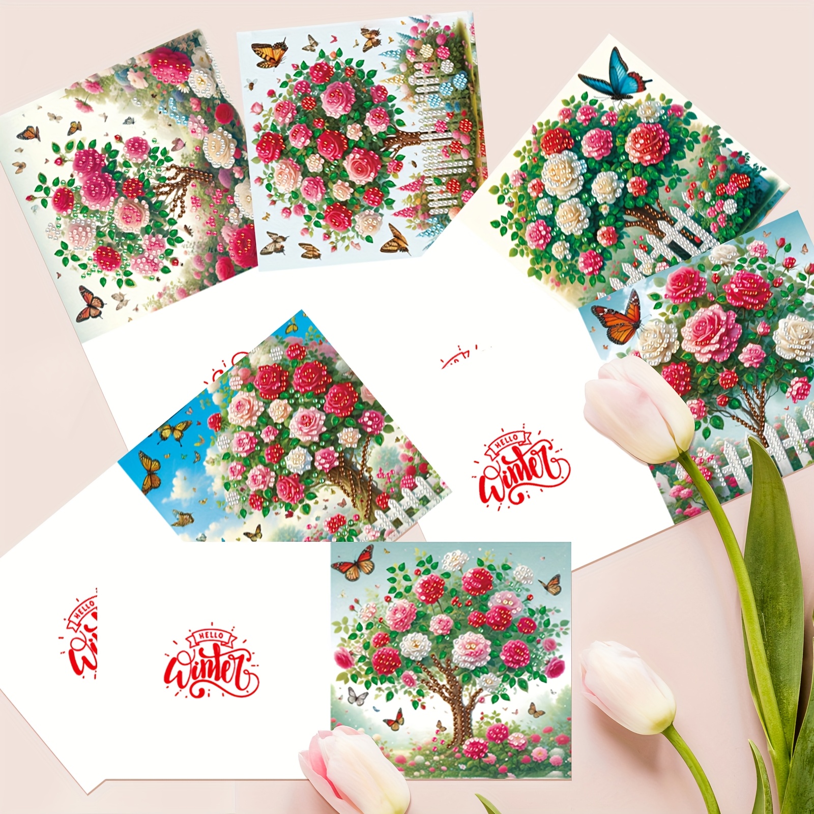 TEMU 6pcs Diy Diamond Painting Greeting Card Kit, Floral & Designs With Irregular Diamonds - Vibrant Handcrafted Cards For Birthdays & Holidays,
