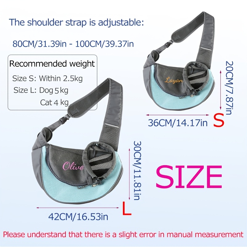 Custom Embroidered Pet Outing Shoulder Bag, Mesh Breathable Adjustable Shoulder Strap Cat and Dog Portable Carrier, Available in 5 Colors and 2 Sizes, Outdoor Pet Walking Bag, Cat and Dog Personal Carry Storage Bag, a Practical and Thoughtful Gift