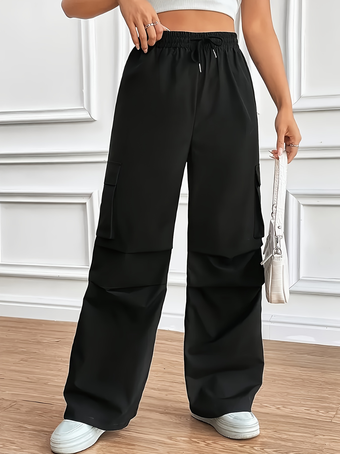 womens plus size cargo pants black non stretch drawstring Temu