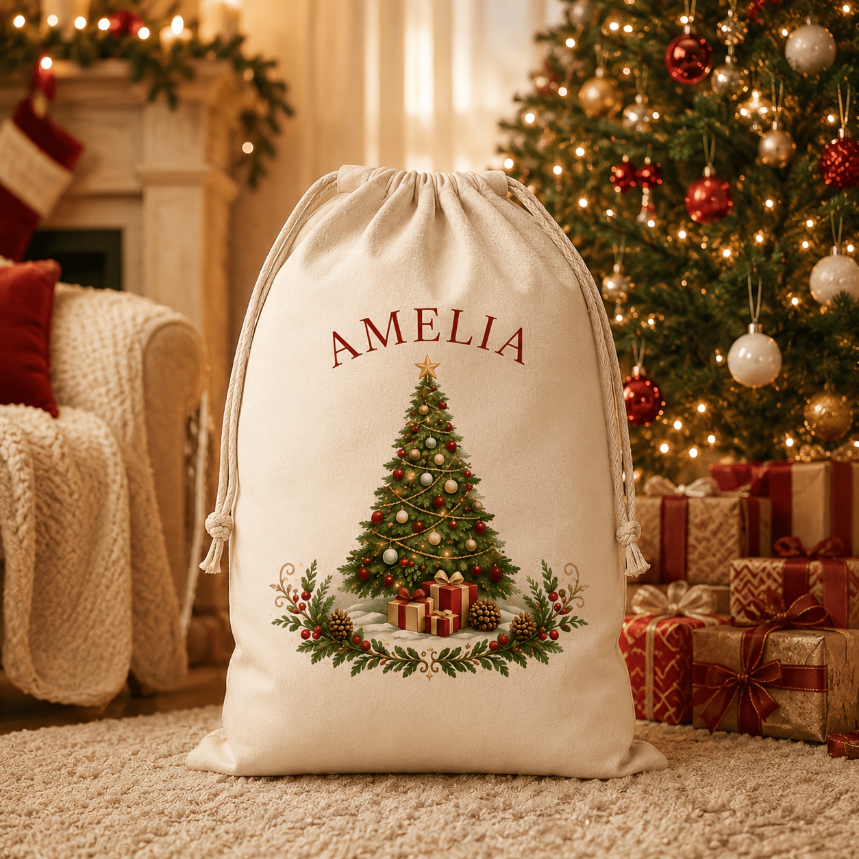 TEMU 1 pieza Bolsa de regalo con cordón personalizable con y temática navideña, estampado artístico de árbol de Navidad pintado de regalo, y rama de