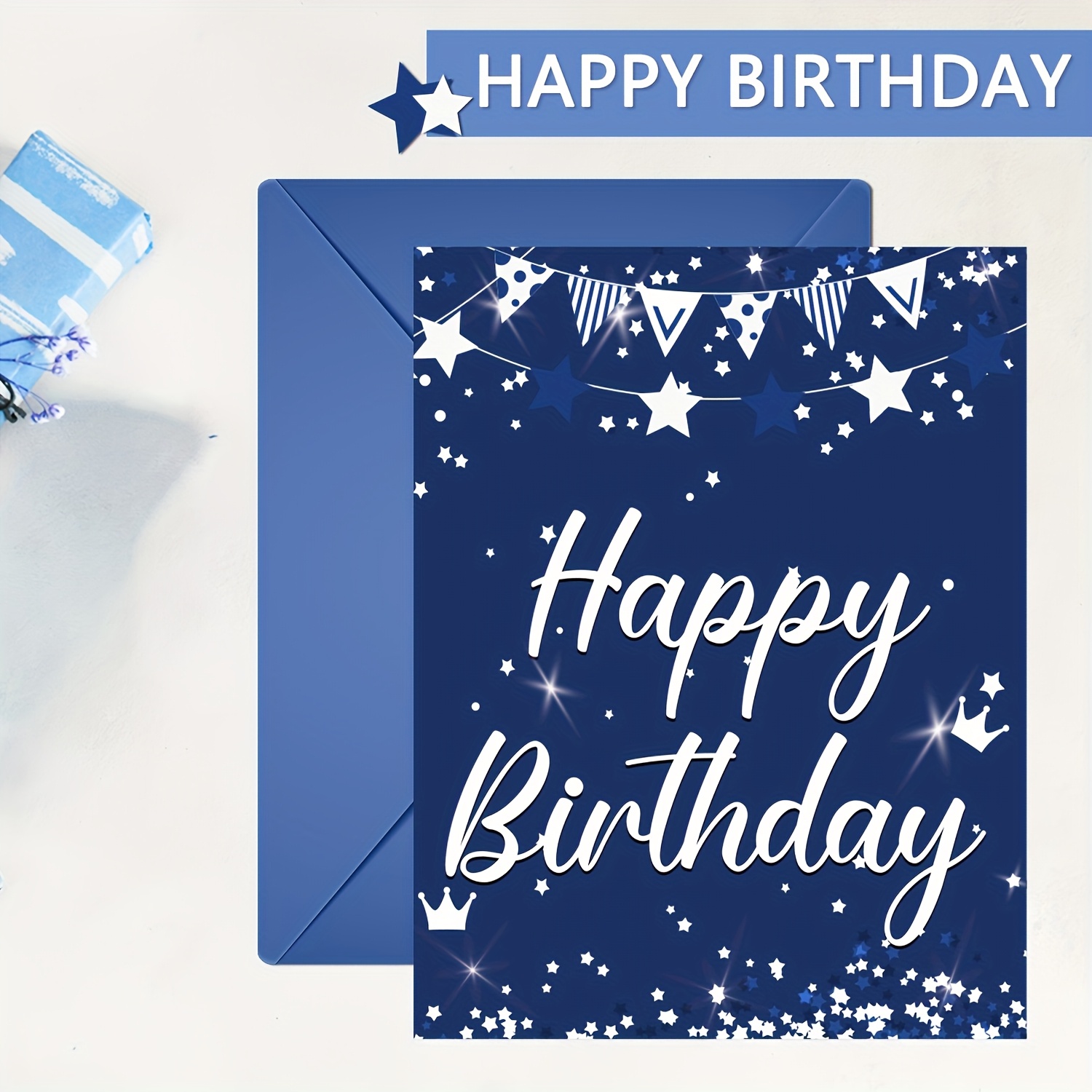 TEMU 1pc Oversized 22x14 Themed Birthday Message Book & Card With Envelope - Elegant Cursive "happy Birthday" Design, Stars & Bunting Decor For ,