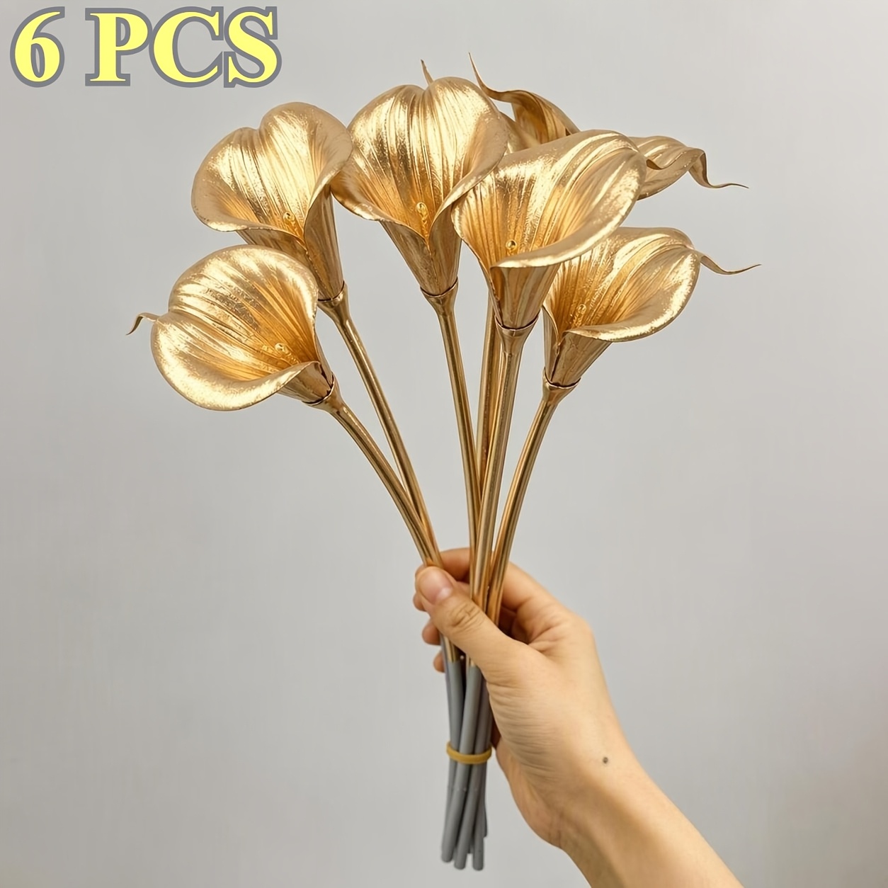 6pcs Set - Golden Calla Lily Artificial Plastic Flowers | Elegant Ambiance, Perfect For Room, Bedroom, Office Decor, Wedding Photography Props, Hotels & More, Christmas Decor, Halloween Decor