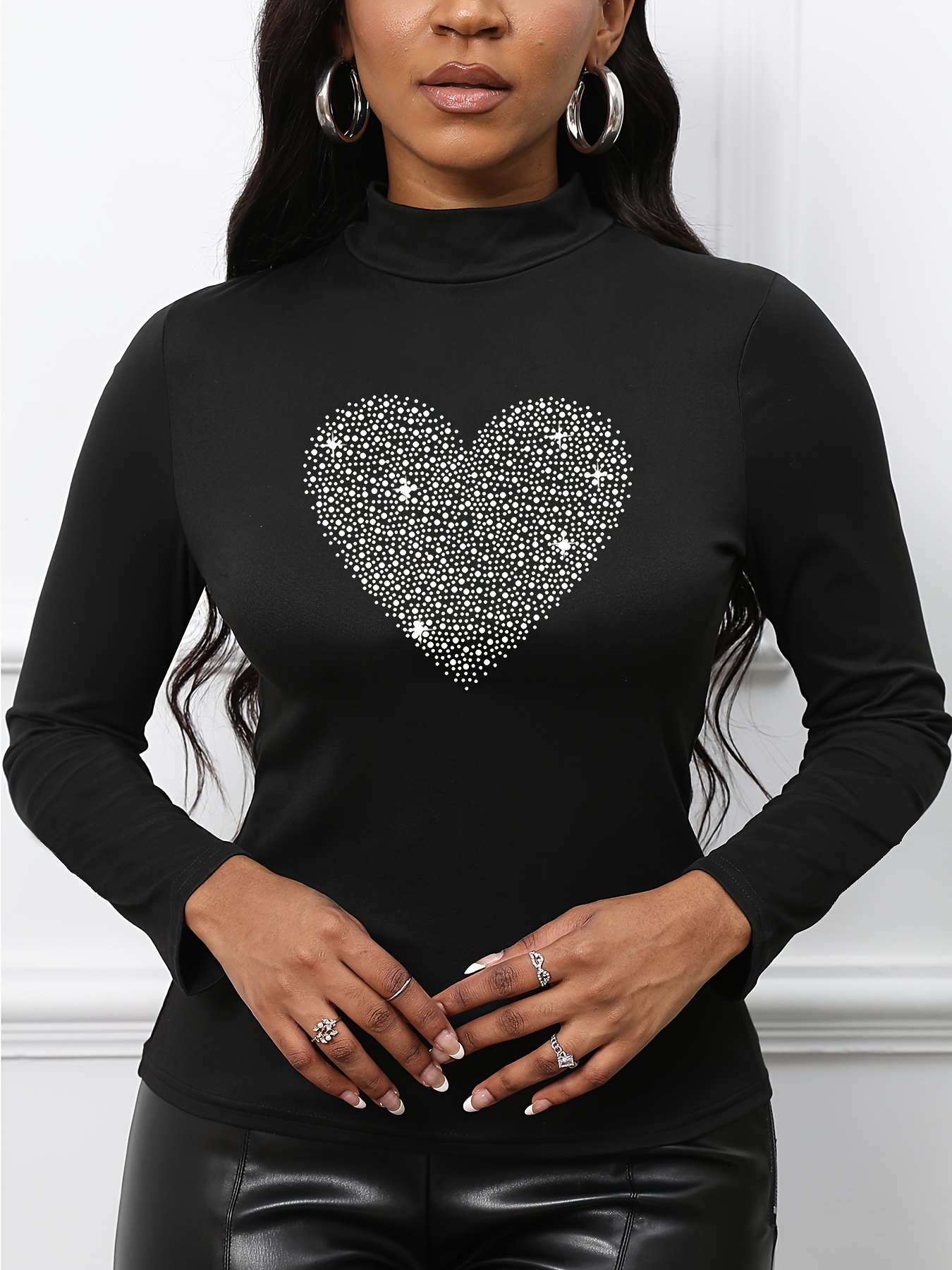 Rhinestone Mock Neck Mesh T shirt Elegant Long Sleeve Slim - Temu