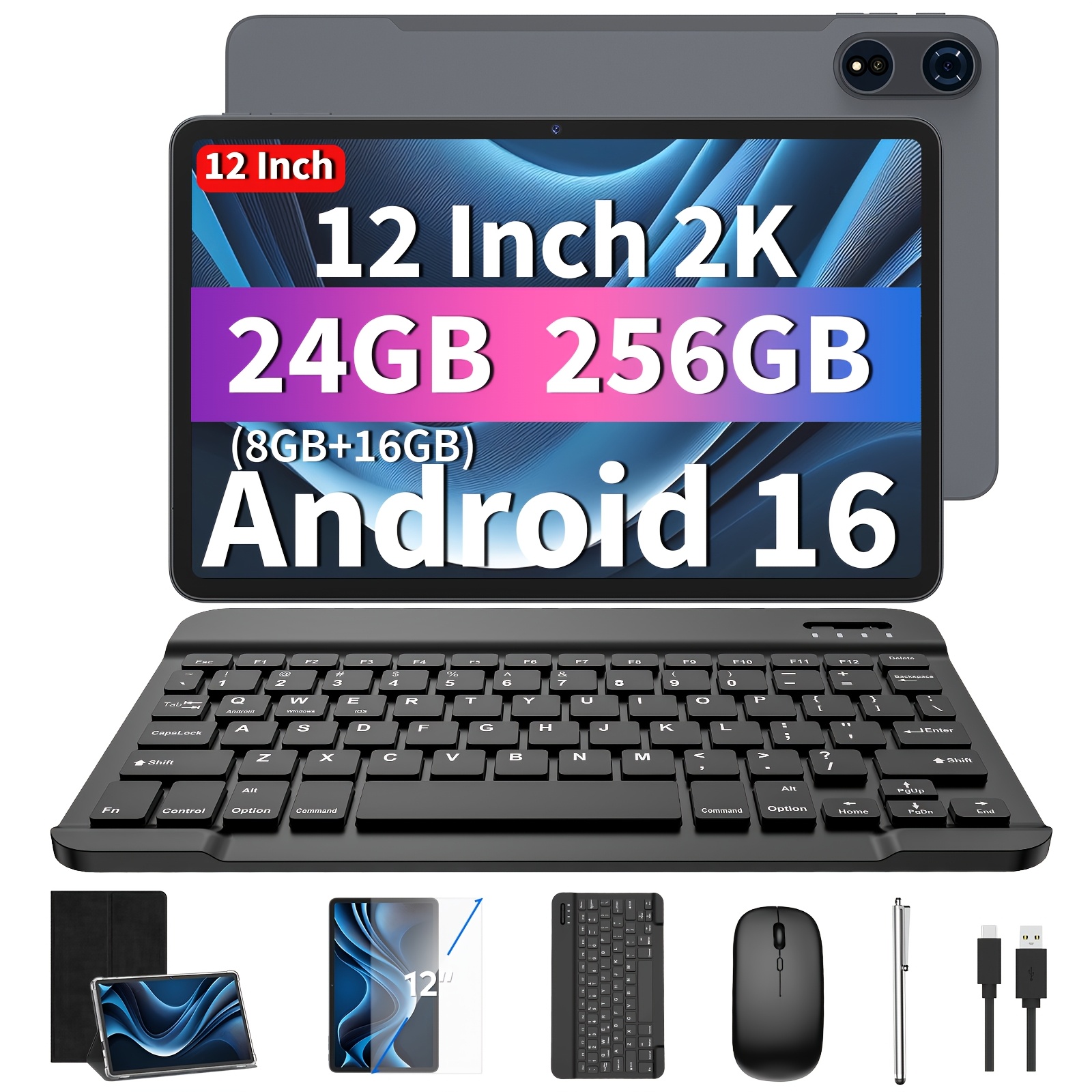 16 Novi 12-palčni 2-v-1 tablični računalnik, 24GB (8+16) RAM + 256GB ROM, 2TB TF razširitev (brez SD), osemjedrni, 2K FHD zaslon, 8000mAh, 5G