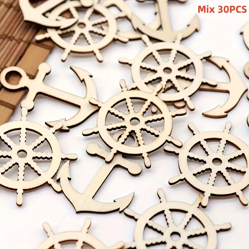 Image of Mix 30pcs, Wooden Boat Anchors, Wooden Pieces, Diy Graffiti Crafts, Suitable For Party Home Pendant Wooden Decoration, Empty Sailboat Wheel Navigation Decoration Wooden Crafts