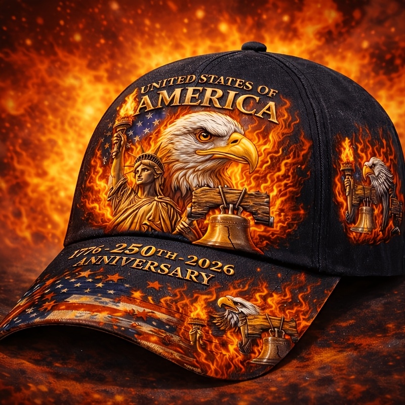 TEMU Cappello commemorativo USA per il 250簞 anniversario con stampa di Statua della , , fiamma e campana, taglio unisex, per le feste e l'uso , idea