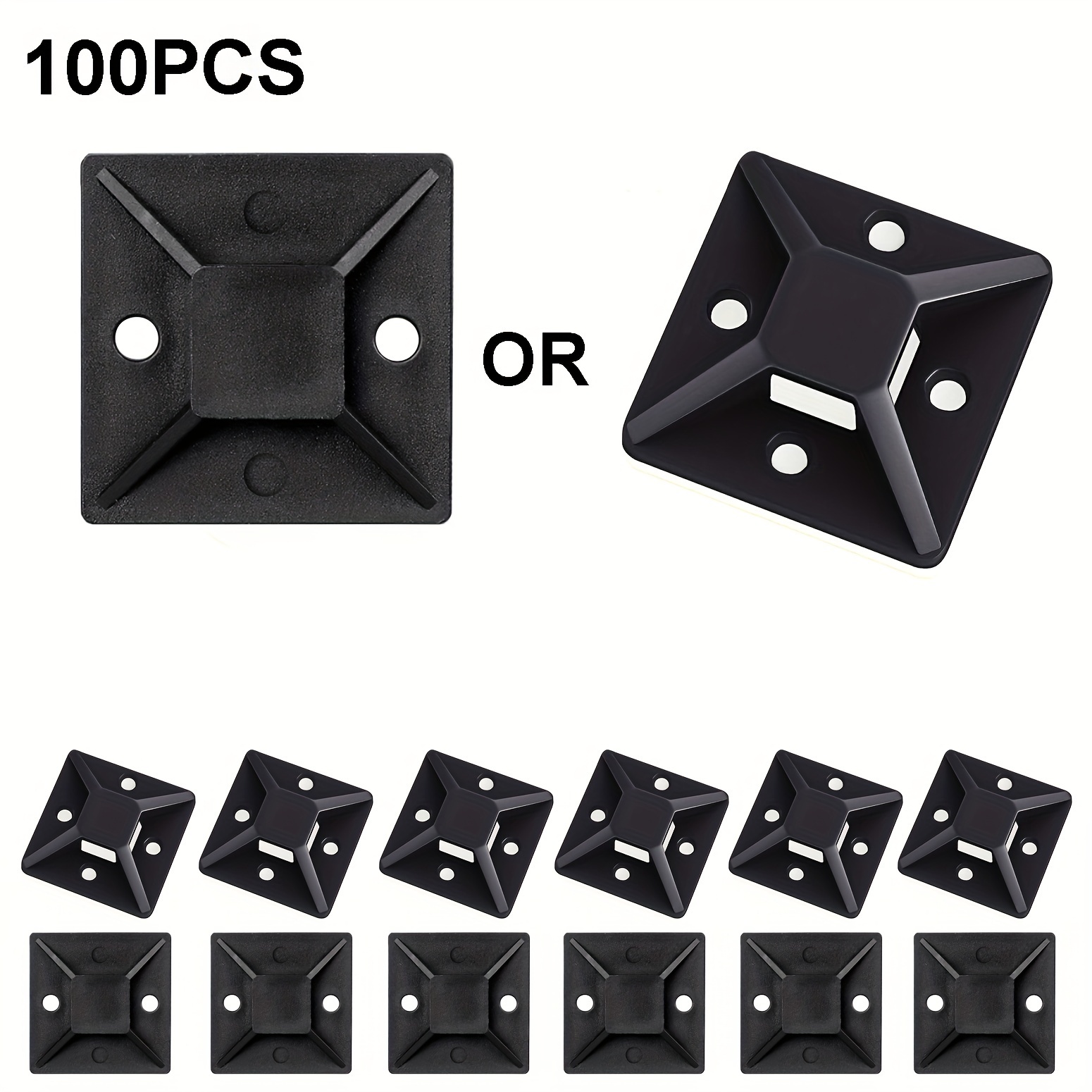Image of Suction Cup Zip Ties 20x20 Yellow Adhesive 100pcs Self-adhesive Cable Wire Zip Tie Mounts Base Clamps Clips Black 18x18mm