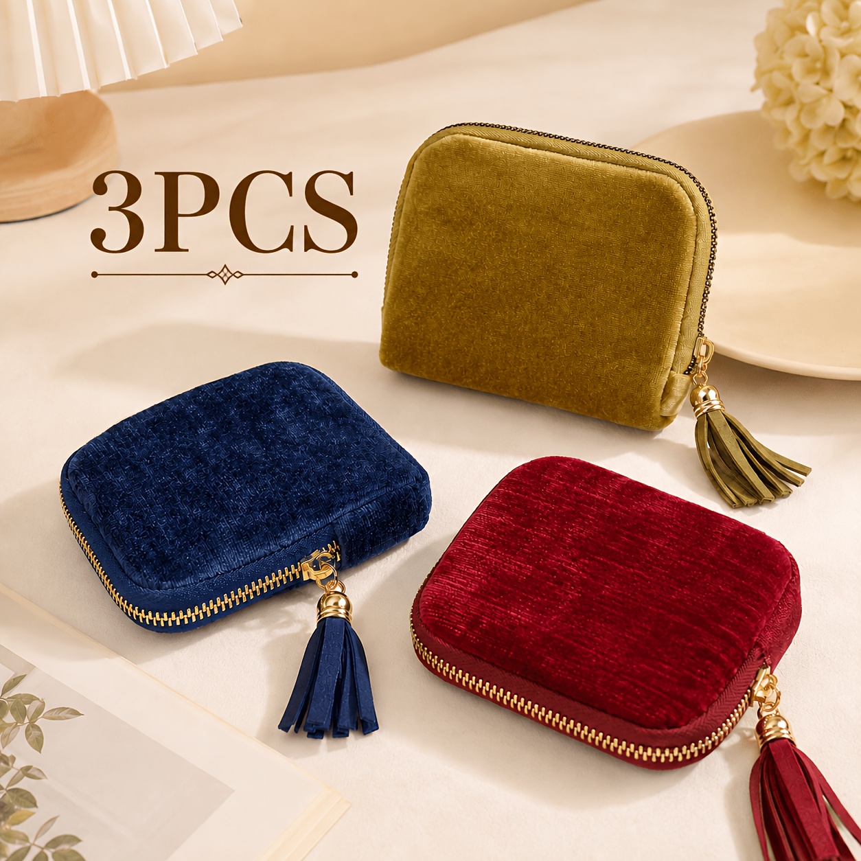 TEMU Set di 3 pochette vintage in velluto, mini borsa per trucco con cerniera con nappe, custodia portatile per rossetto, gioielli, auricolari e