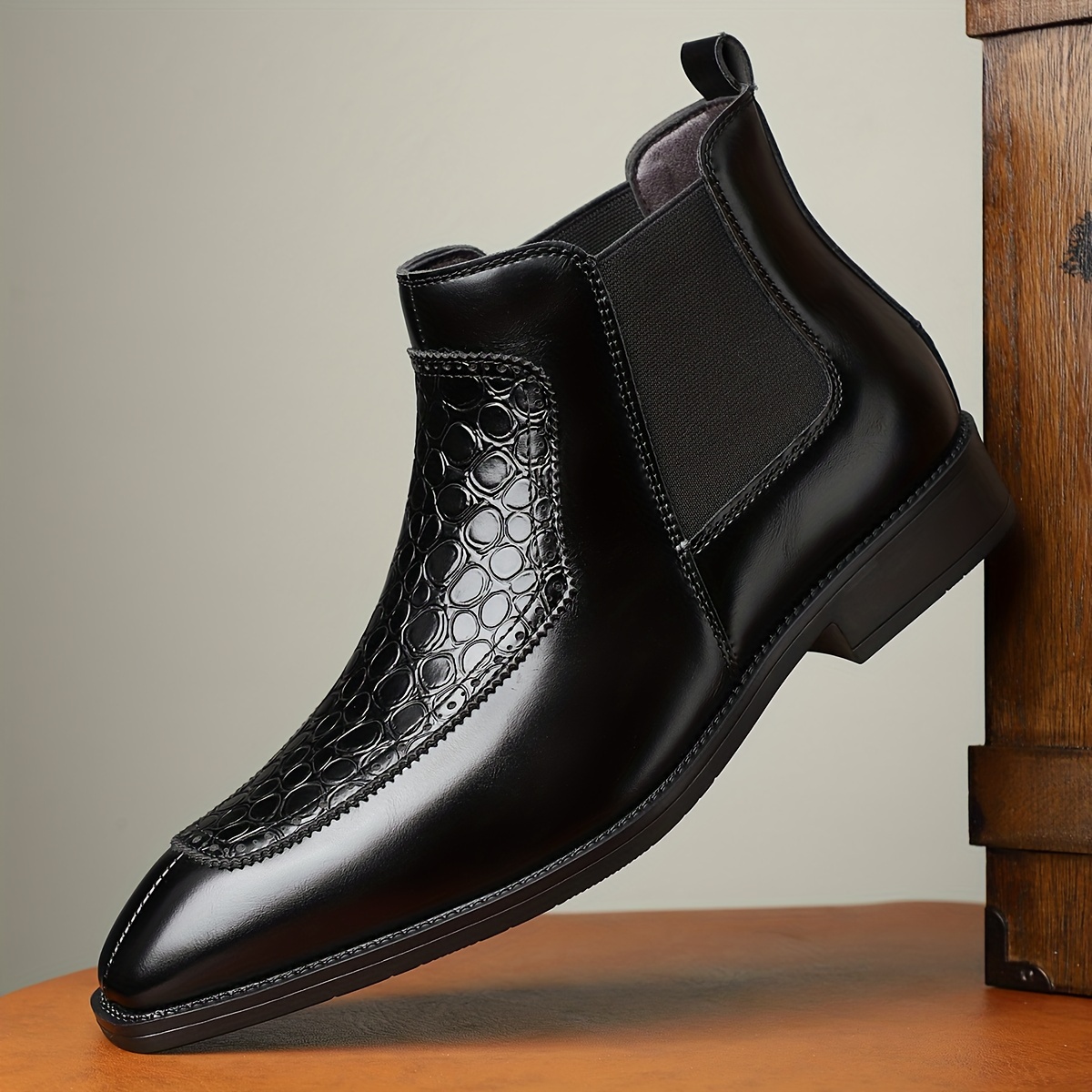 Men's Black Boots with Crocodile Pattern - Slip-On Ankle Boots for Everyday Casual Wear, Rubber Sole, Stylish & Versatile Design