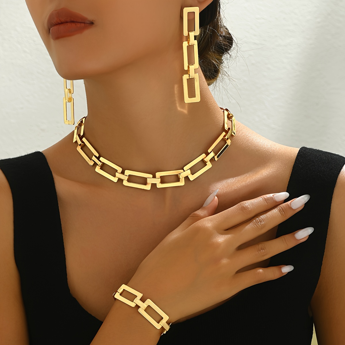 

1 Set Vintage Simple Geometric Chunky Chain Jewelry Set, 14k Golden Plated Iron Necklace, Bracelet, And Earrings With Stainless Steel Posts, For Daily And Party Wear