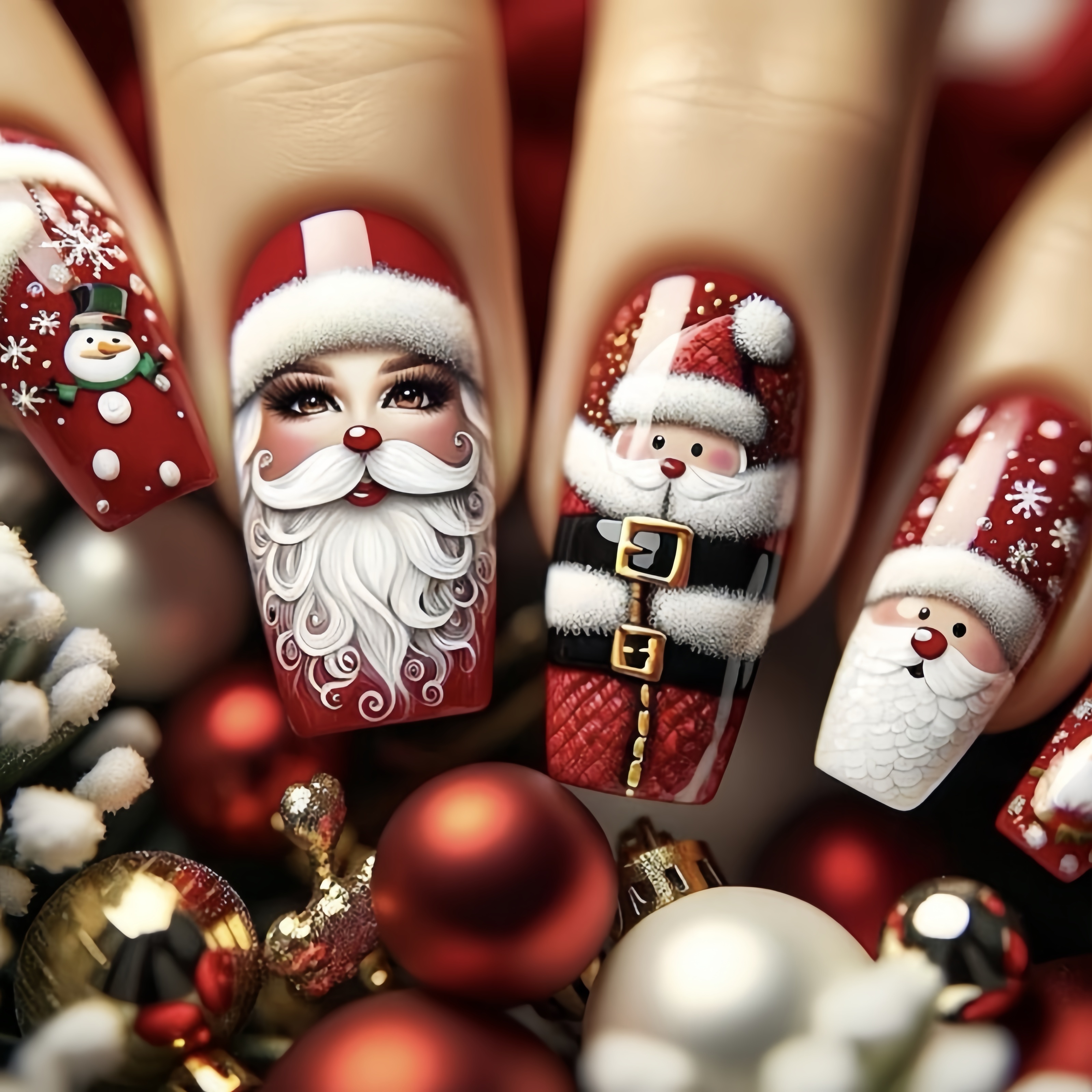 

24pcs Christmas Red Fake Nails, Cute Santa Claus Snowman With Design Press On Nails, Glossy Long Coffin False Nails For Women Girls Nail Decoration