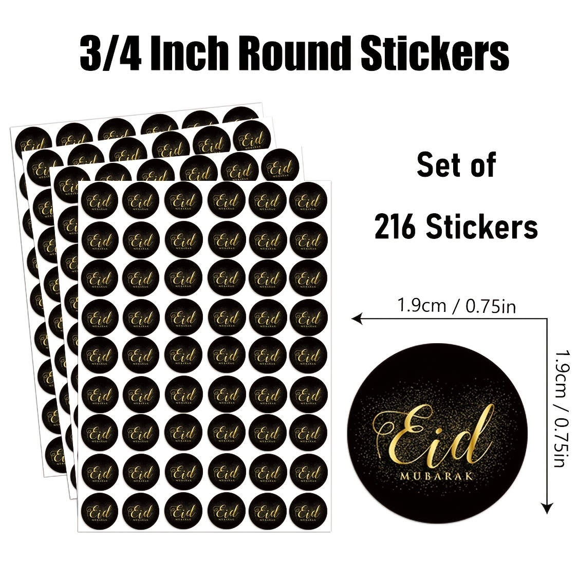 Image of 216pcs, Golden Glitter For Sticker Ramadan Stickers Kareem 0.75 Inch Mini Round Labels For Eid Party Decorations Ramadan Party Supplies