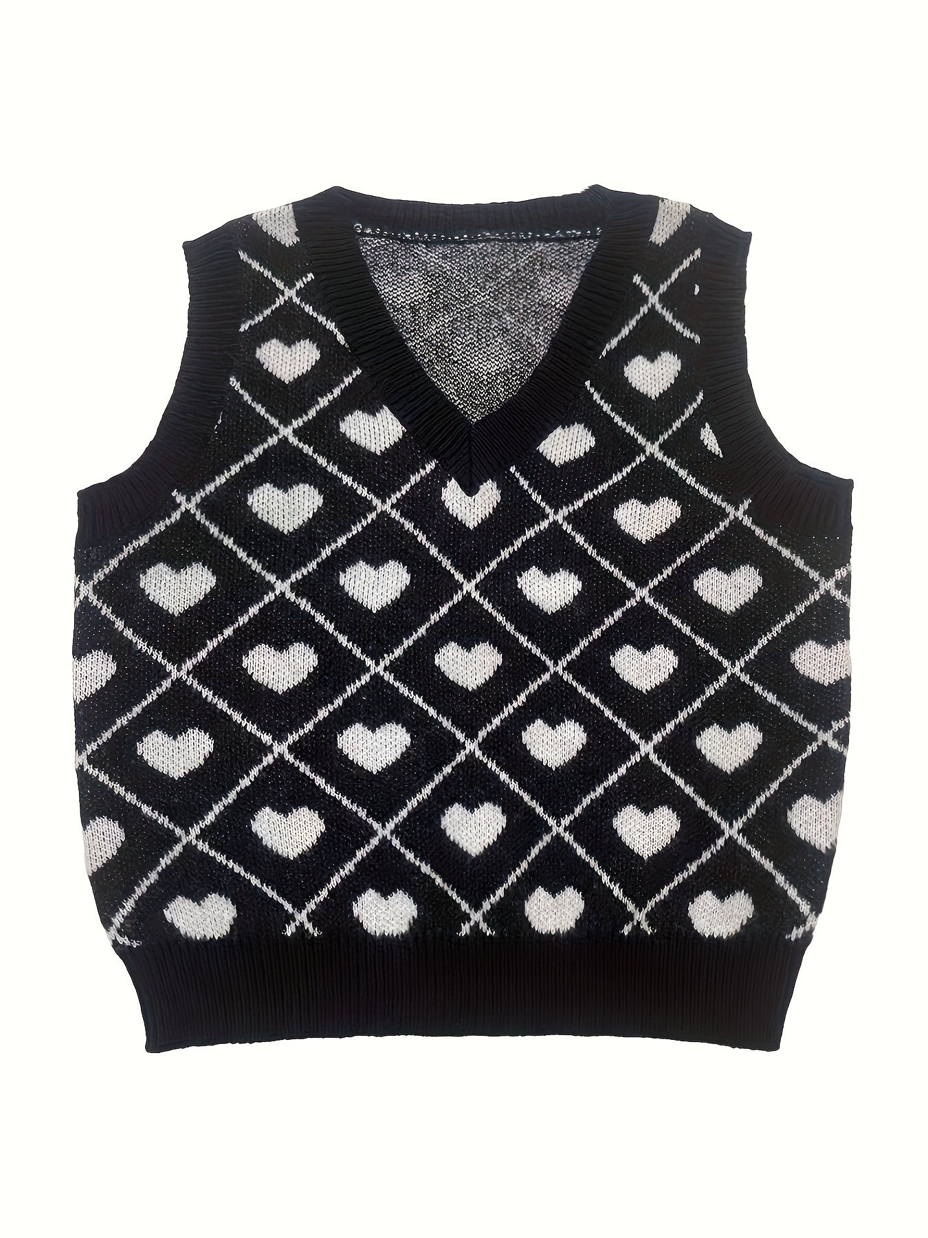 Heart Print V Neck Sweater Vest Casual Sleeveless Knit Top - Temu