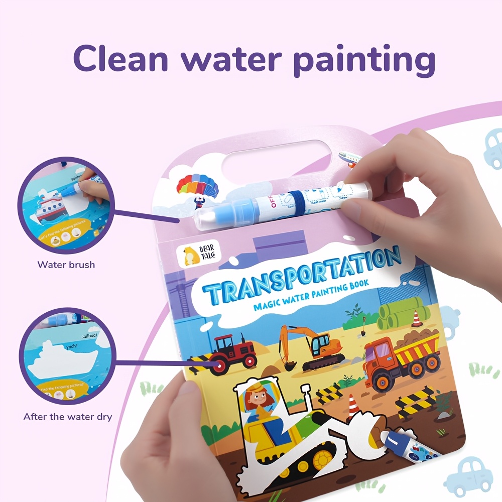 Transportation Magic Water Book, Mess-Free & Reusable Painting Book, Learning Toy& Educational Coloring Book for Ages 3+, Ideal Holiday, Birthday, Travel& Home Activity Gift for Preschool, Youngster
