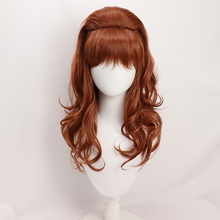 TEMU High Skull Top Beehive Wig Women's Dress Up Retro 50 60 70s Black With Bangs Wavy Long Curly Hair Fashion Long Brown Wavy With Honeycomb Styling