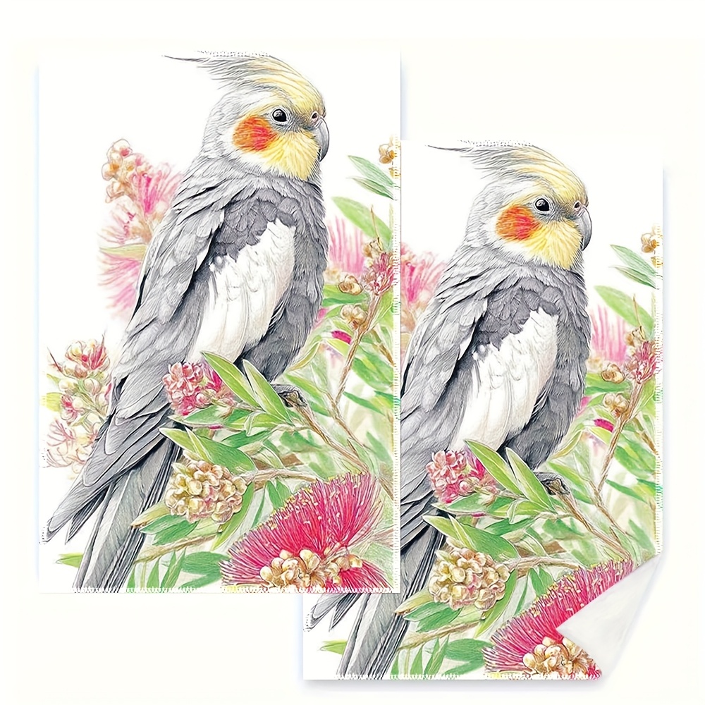 TEMU 2pcs, Kitchen Towels, Dishcloths, 16x24 Inch, A Grey Cockatiel Sitting On Flowers, Colored Pencil, Used For Cooking, Baking, And Home Kitchen
