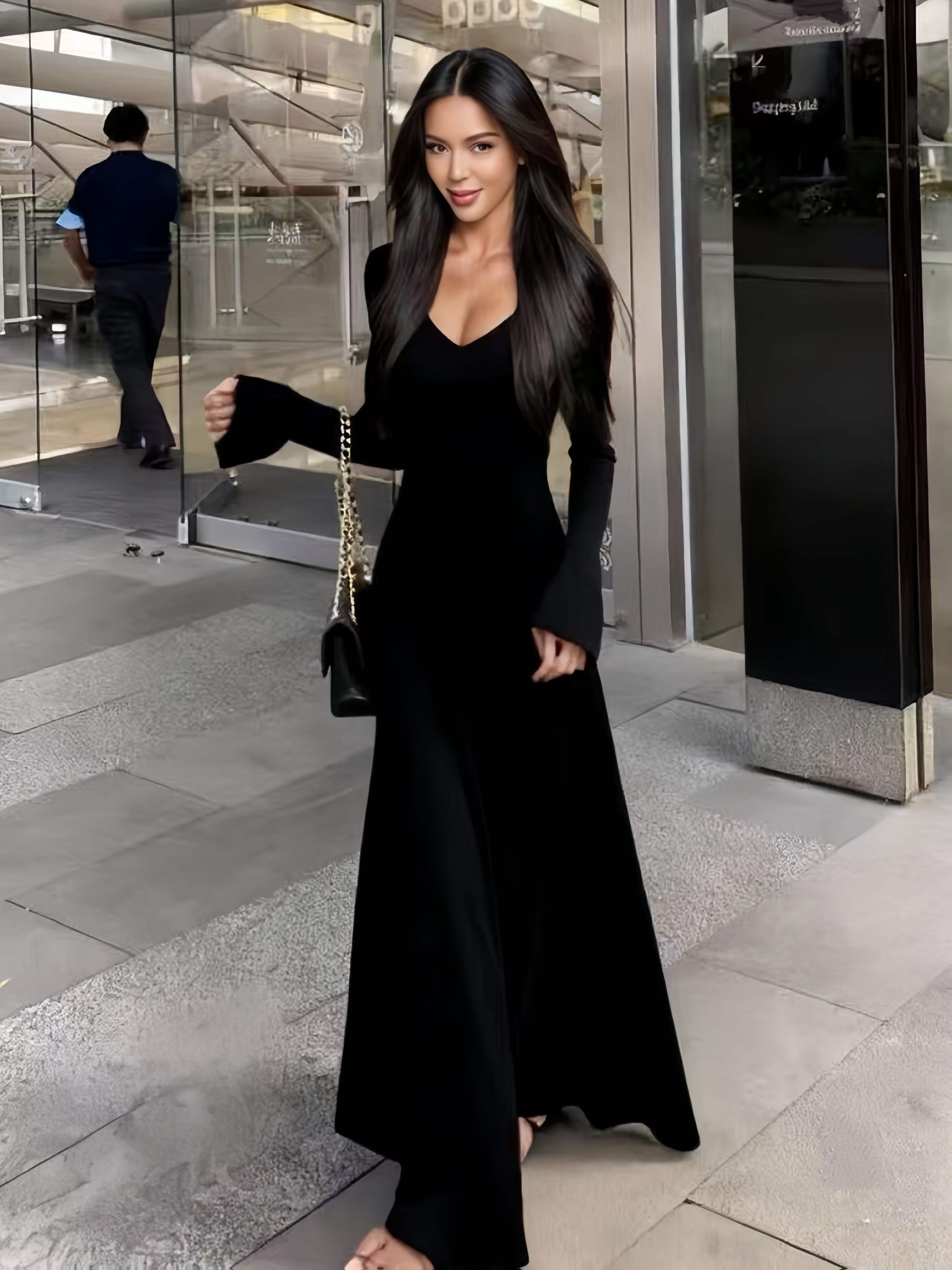 Women's */Autumn Gentle Style V-Neck Long Sleeve Dress * * Waist-Cinching *-Fit Long Dress