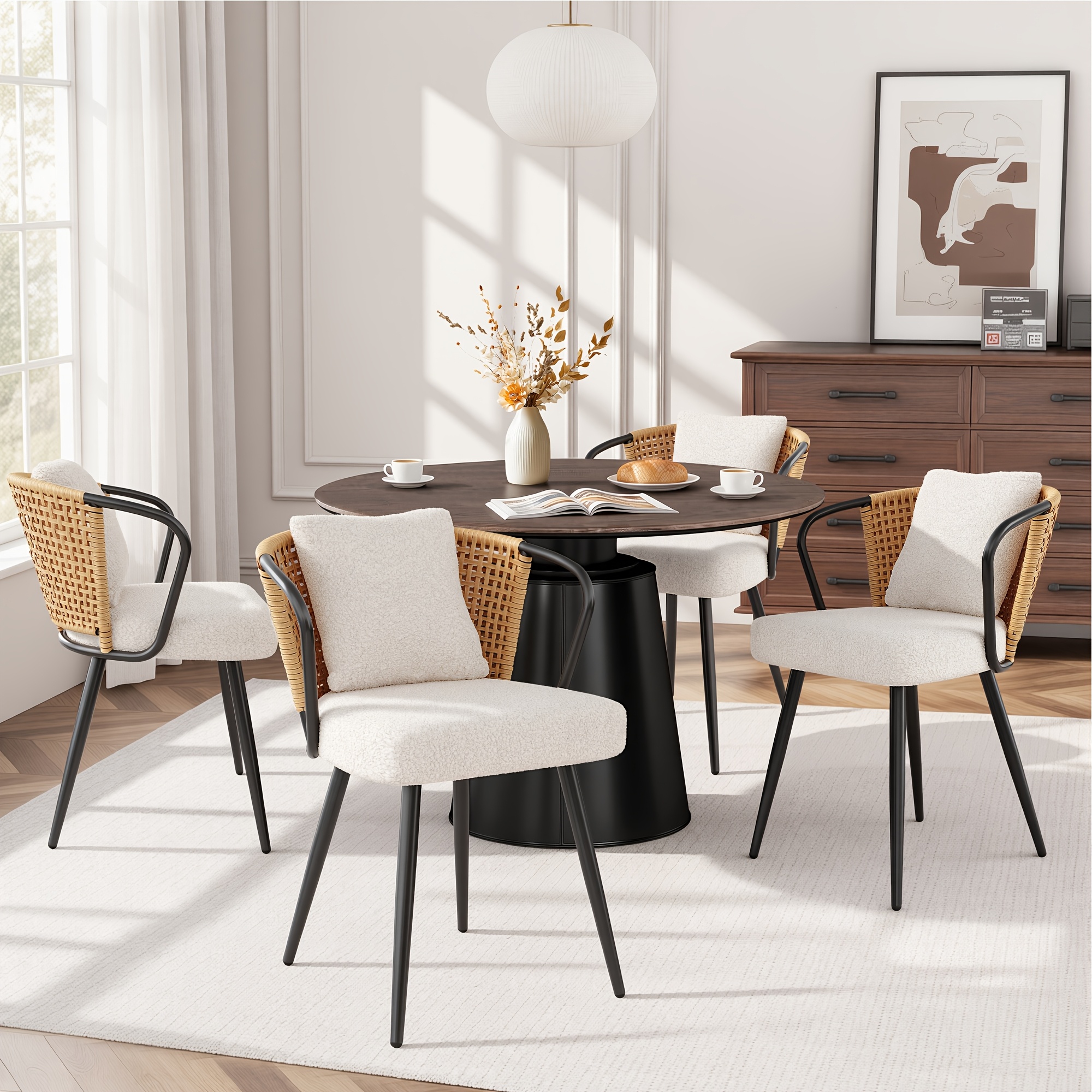 Image of Modern Scandinavian Dining Chairs, Comfortable Plush Cushion And Natural Rattan Back, Set Of 2/4/6, For Kitchen, Living Room