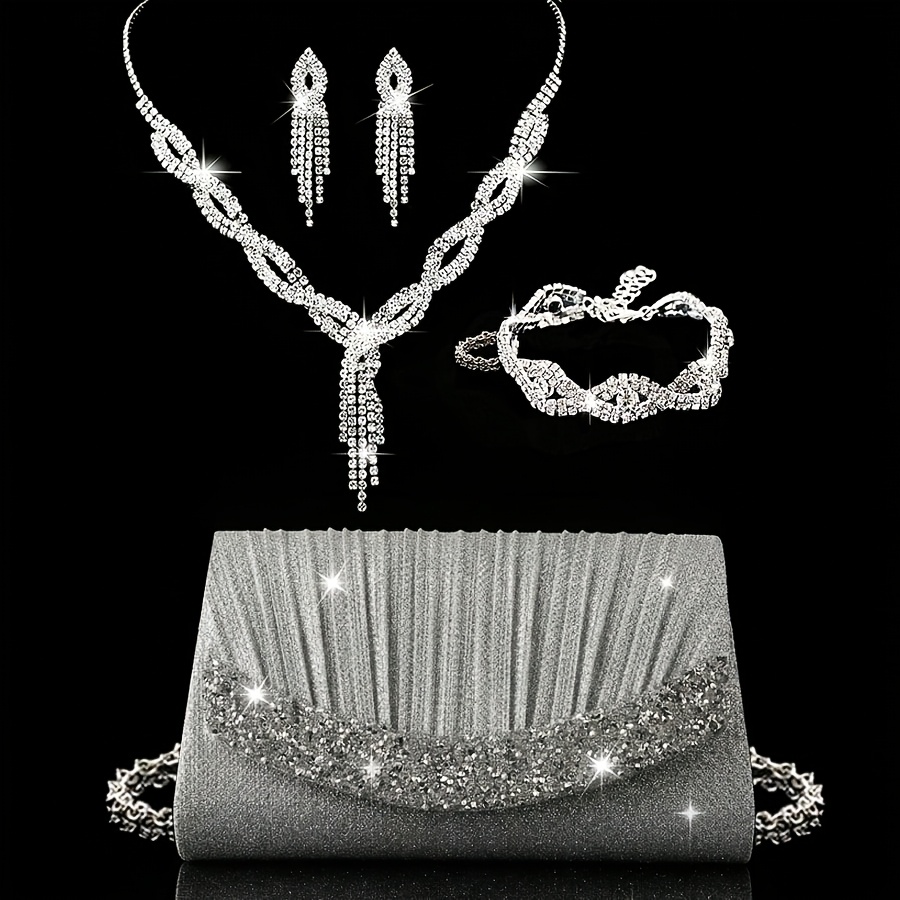 TEMU [women's Bag Set] 4pcs Set Of Women's Rhinestone Earrings, Necklace, Bracelet, And Pendant, With Festive Ruched Mini Clutch. This Sparkling And
