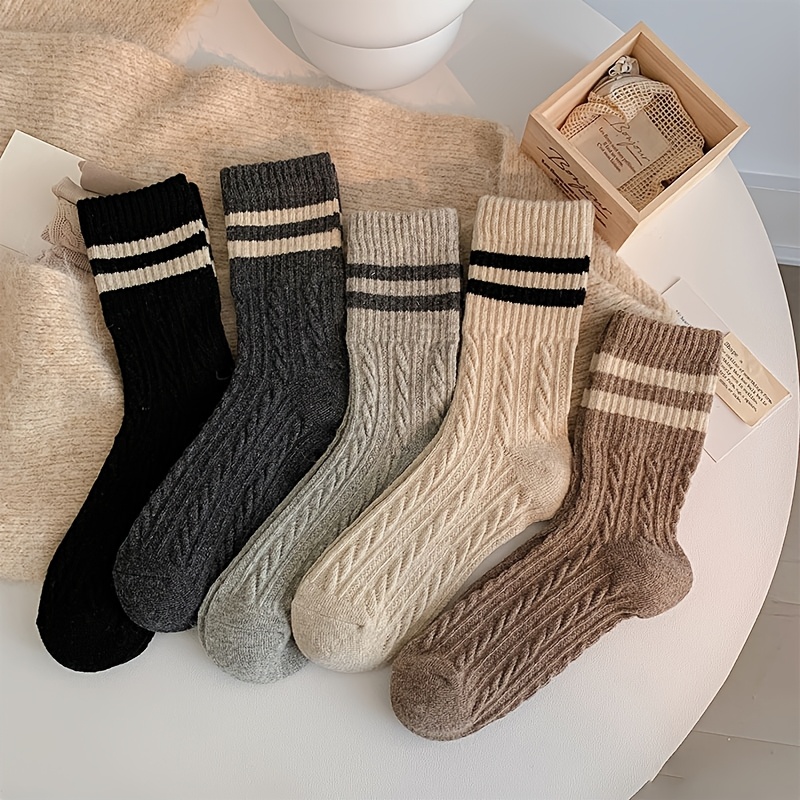 

5-pack Nektom Women' Socks, Winter Warm Cable Knit Striped Mid-calf Socks, Polyester & Spandex , Hand Wash Or , Unisex, No Detail, Knitted Fabric