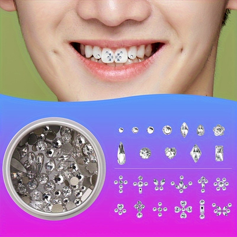 

60pcs Fashionable Glass Tooth Gems Kit - Assorted Shapes For Diy Tooth Jewelry, Men's Trendy Dental Bling Accessories