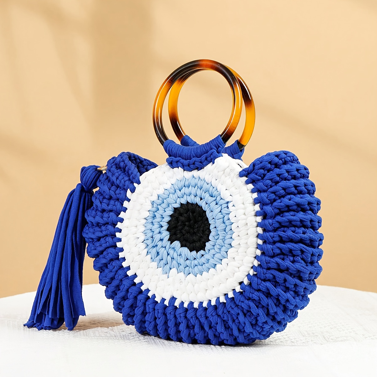 Large-Capacity Bohemian Tassel Weave Tote Bag - Lightweight Geometric Design with Royal Blue Fixed Strap, Durable Fabric for Beach, Casual Outings & Everyday Use