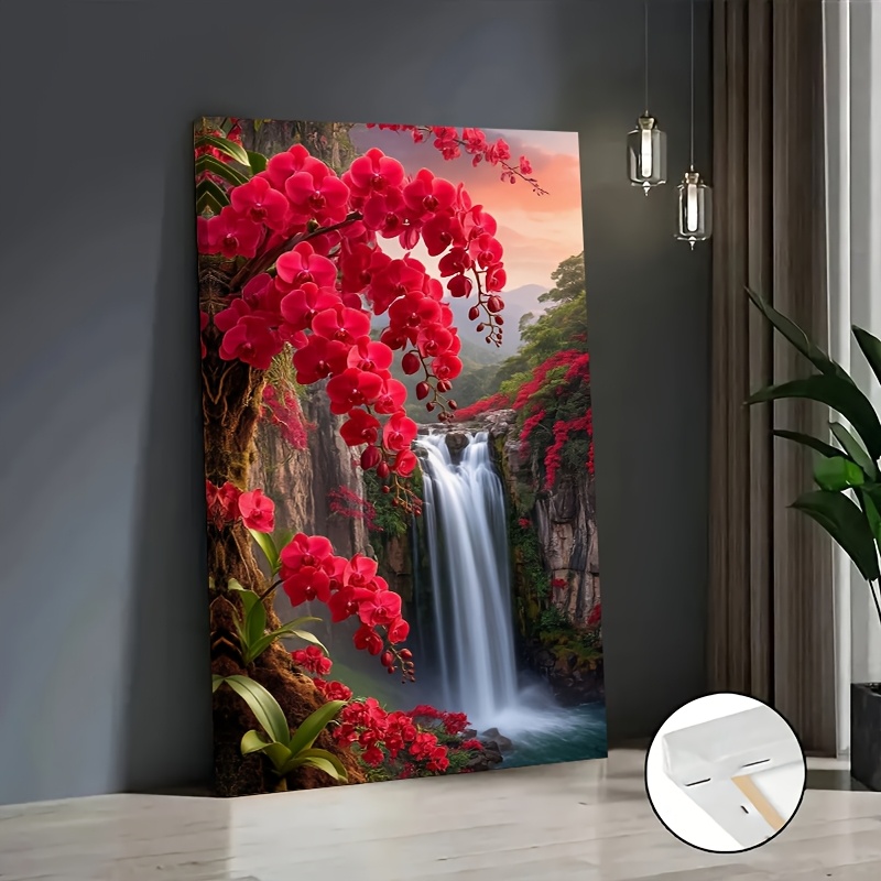 TEMU 2d Flat, 1pc Orchid Falls Canvas Painting - Waterfall Nature Art Poster With Solid Wood Frame, Ready-to-hang Tropical Floral Wall Decor For