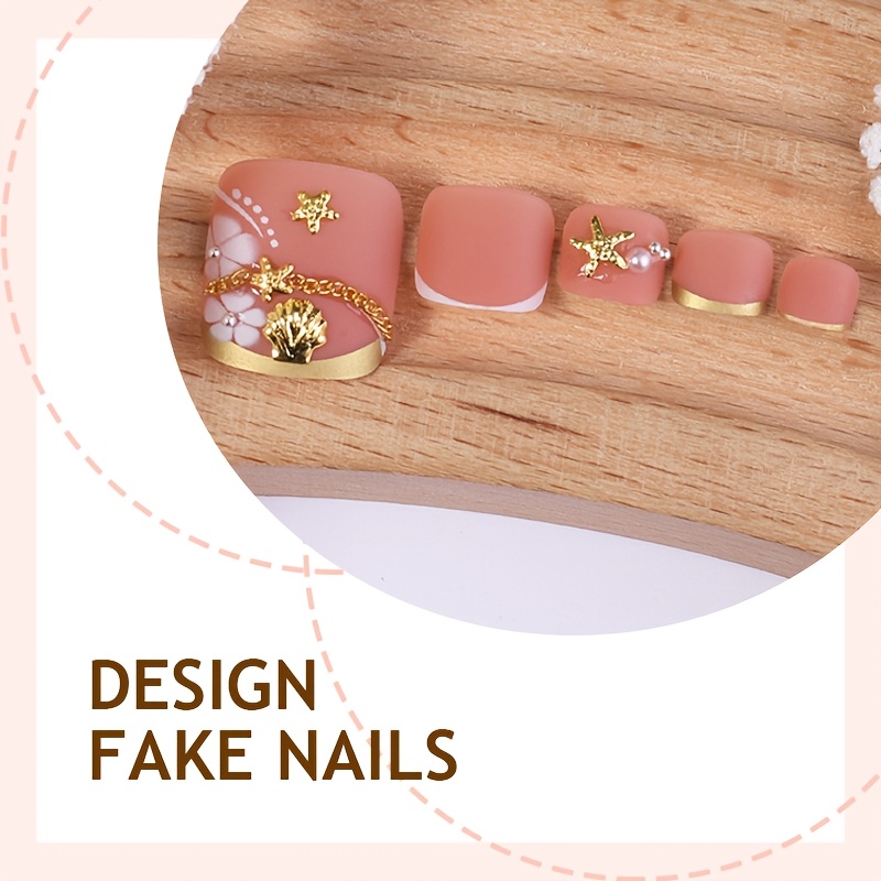 TEMU 24pcs Press On Toe Nails, Matte Nude False Toe Nails With Golden Starfish And Seashell Accents And White , Removable Foot Nail Tips For Women