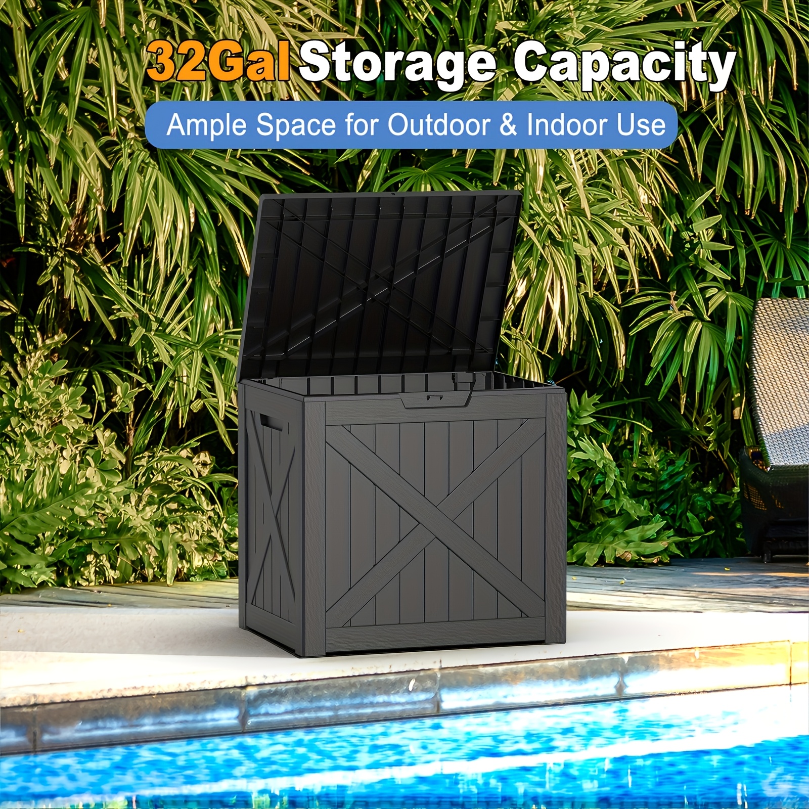 TEMU Vintage Style Resin Storage Box - 35 Gallon Lockable Weatherproof For Outdoor Tools, Pool Accessories And Beach Towels. Gift For Halloween,
