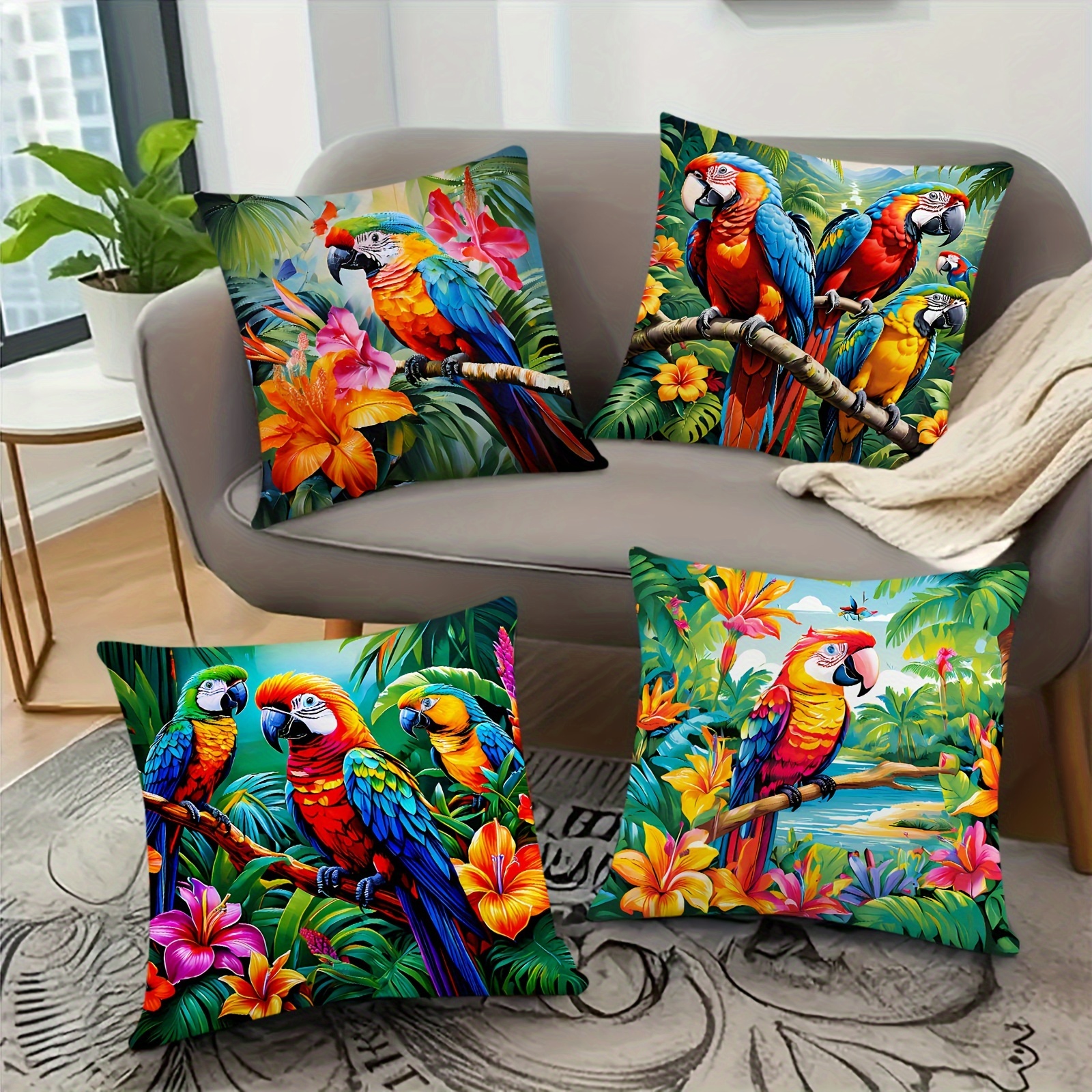 

4pcs Tropical Parrot Outdoor Short Plush Throw Pillowcase, Zipper One-sided Printing Washable Pillowcase, Home Decoration Sofa Bedroom Decoration, No Pillow , 18×18 Inches