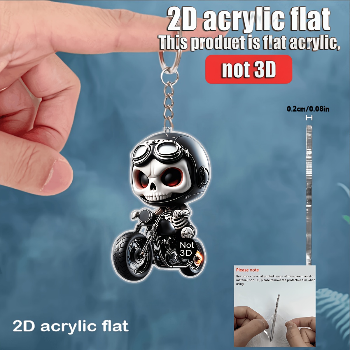 TEMU 2D, Llavero de calavera de motociclista 2D, Colgante acrílico de dibujos animados, Dije para mochila y teléfono, Decoración para coche y hogar,