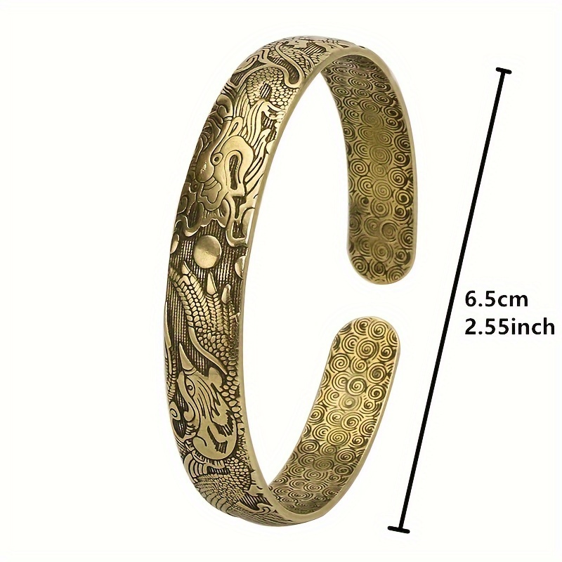 TEMU Vintage Dragon And Phoenix Open Cuff Bracelet, Unisex Pure Copper Hand-carved, Polished Smooth, Adjustable Brass Bangle For Men And Women