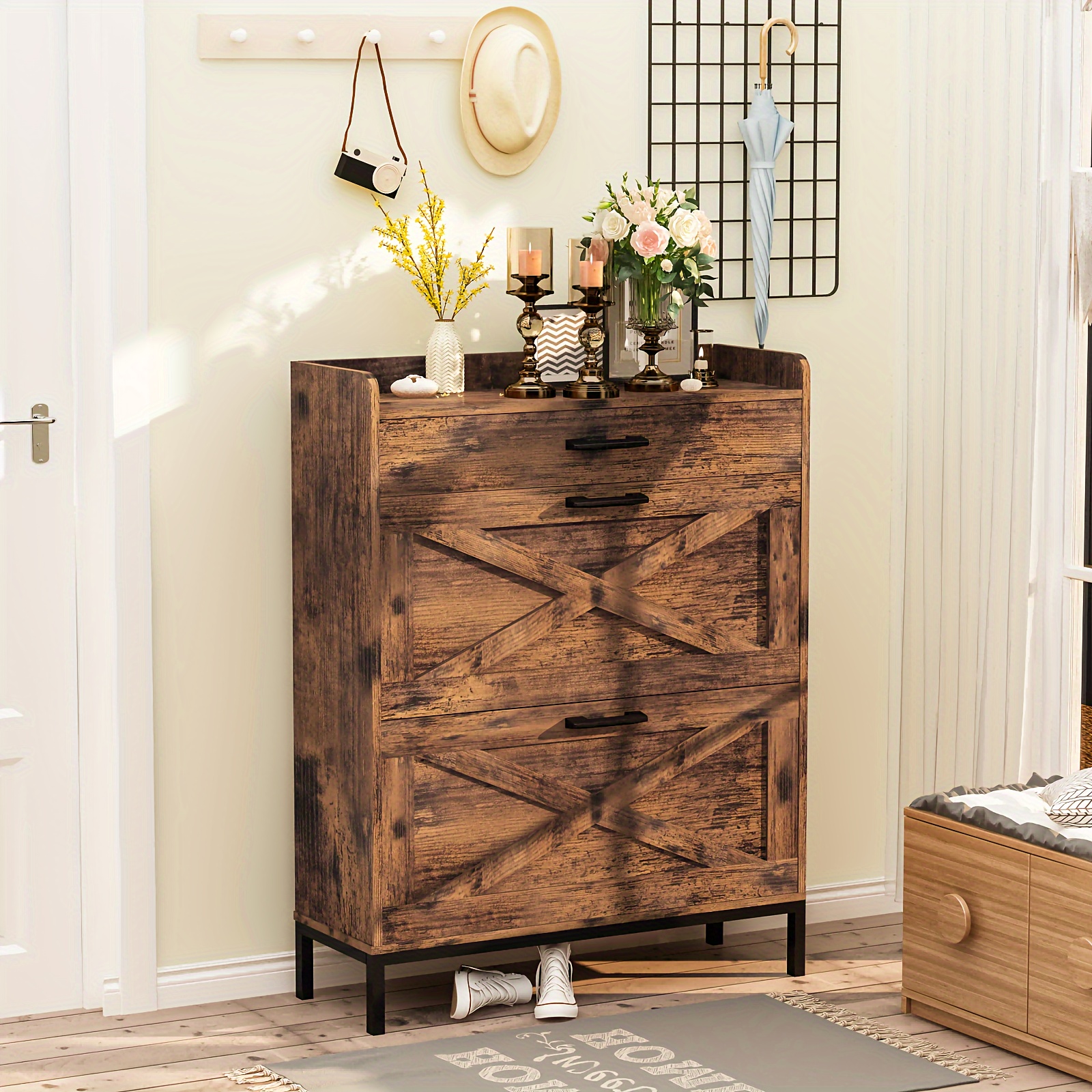 

Shoe Storage Cabinet With 2 Flip Drawers, Freestanding Organizer With Metal Legs For Entryway, Narrow Shoe Rack Cabinet, Rustic Brown