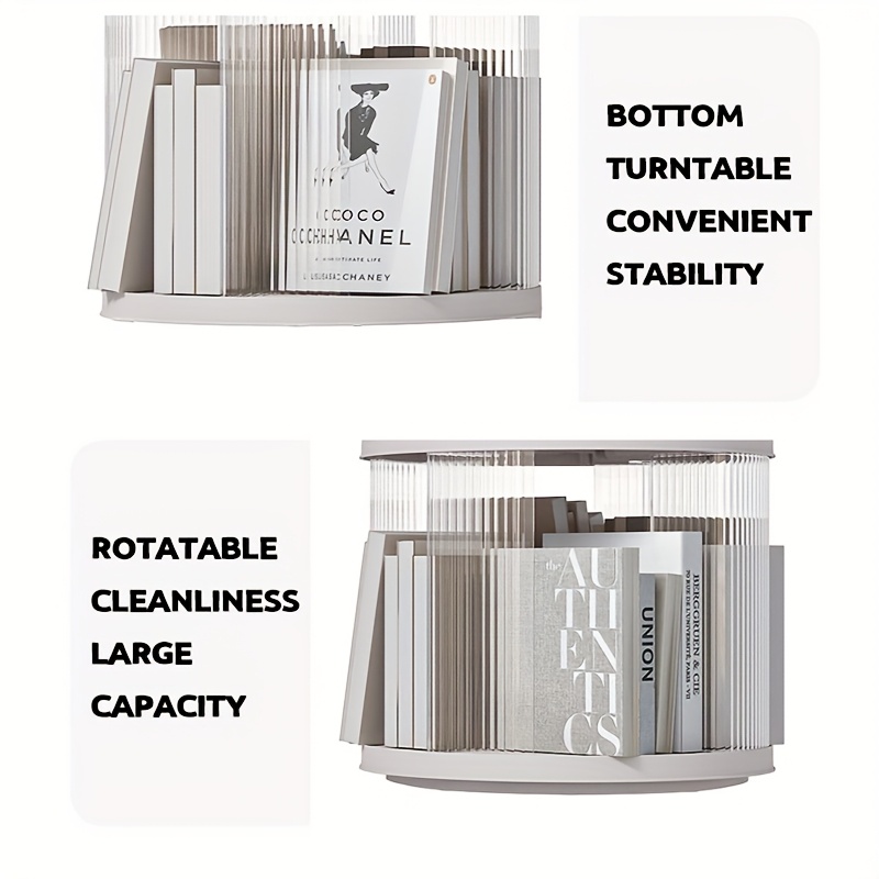 3 tier rotating bookshelf transparent white plastic storage rack for home office freestanding multi shelf organizer with wheels books decor and supplies decorative display versatile shelving book shelves details 4