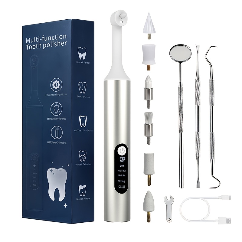 a multifunctional teeth polishing machine   cleaner featuring 4 cleaning   6 cleaning heads   metal dental tools along with a polishing and kit for teeth care perfect as a birthday gift for family or friends