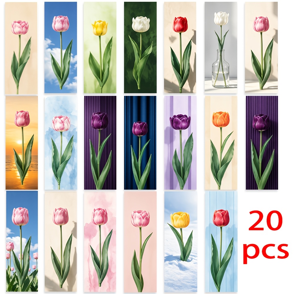 TEMU 20pcs Bookmark Set, Tulip, Floral, Nature, Plant, Aesthetic, Hand-drawn, , Fresh, Multicolor, 2d Printed Practical Bookmarks, Daily For Book