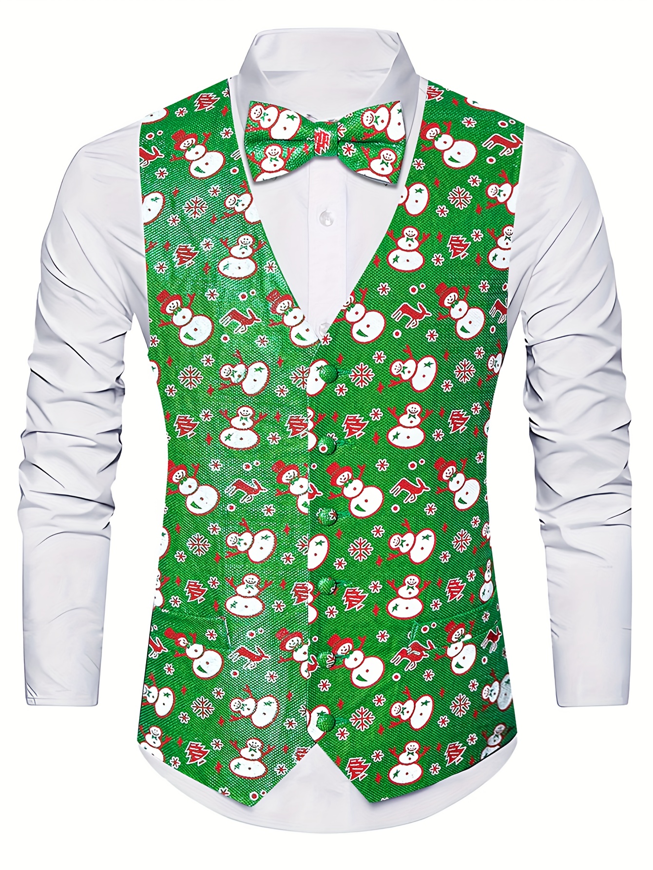   Men S Christmas Vest & Bowtie Set -   Snowflake Pattern, V-Neck, Button-Up, Long Sleeve, Regular Fit,   Holiday Attire,   Wear|  Vest|  Vest, Vest For Men, Christmas Vest For Men, Green And Red Vest, Extra Large Size Vest For Men, Plu Cowhide Vest, Plu Size Men Checkered Vest Xl