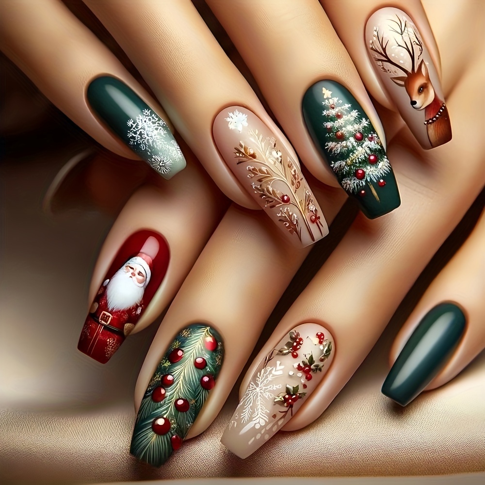 

24pcs Christmas Press On Nails Set - Mixed Color Middle Length With Reindeer, Santa, Festive Ornaments & Glossy Finish - Adhesive Nail Art Kit