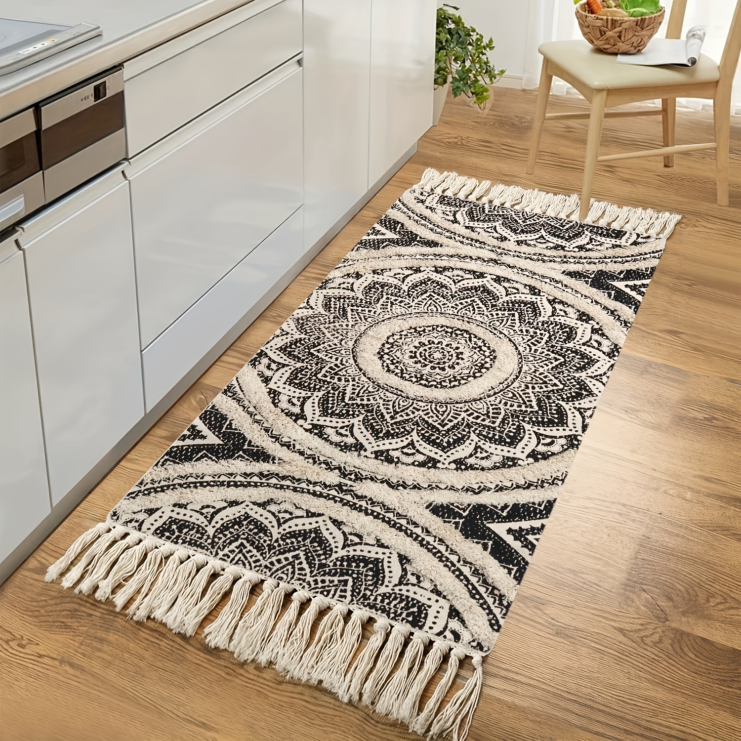 Washable Handmade Black and Cream Bohemian Runner Rug