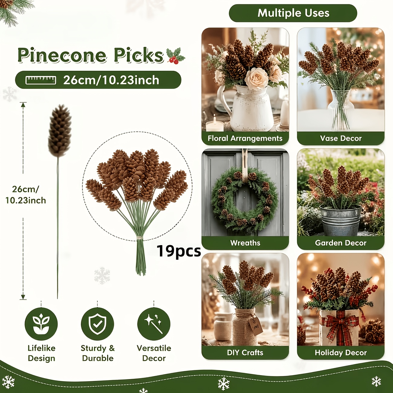 TEMU 19pcs Artificial Branches, Christmas Holiday Decorative Flower Stems, Shape, Sturdy And Durable Stems, Suitable For Vase Arrangements, Door
